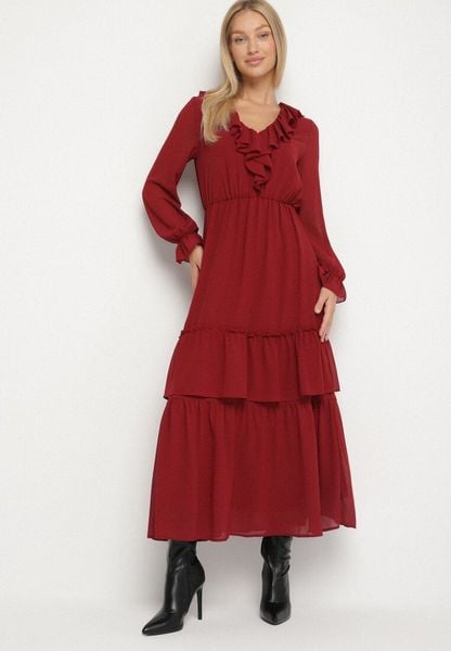 Bordowa Siateczkowa Sukienka VICES o Rozkloszowanym Kroju z Falbanami Arevite. Czerwone sukienki Born2be, l, bez wzorów, klasyczne, bez kołnierzyka, bez ramiączek, rozkloszowane. Za 149.99 zł.