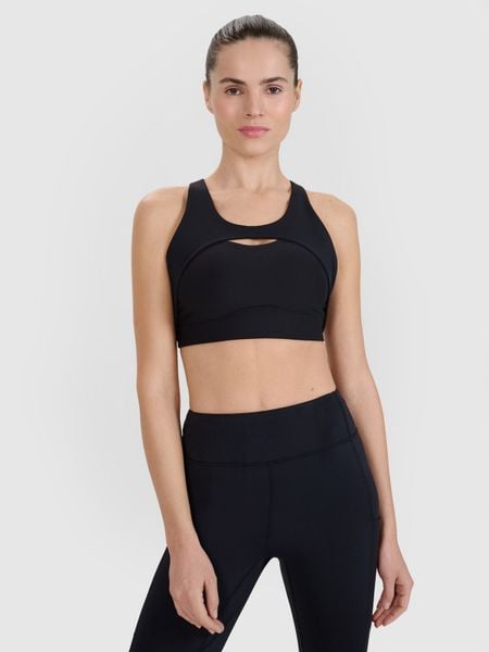 4F Biustonosz treningowy ze średnim wsparciem damski - czarny L. Czarne biustonosze sportowe 4f, bez wzorów. W wyprzedaży za 79.99 zł.