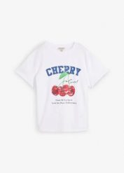 T-shirt z nadrukiem z czystej bawełny organicznej. Białe t-shirty bonprix, bez wzorów, z bawełny, bez kołnierzyka, bez ramiączek. Za 39.99 zł.