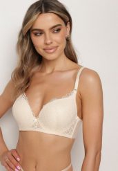 Beżowy Biustonosz Push-Up Ozdobiony Koronką Dimessta. Brązowe biustonosze Born2be, bez wzorów, z jeansu. Za 49.99 zł.