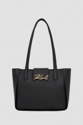KARL LAGERFELD Czarna shopperka ze złotym logo Signature. Czarne shopper bag KARL LAGERFELD, bez wzorów, biznesowe, bez dodatków. W wyprzedaży za 940.99 zł.