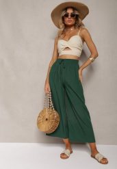 Ciemnozielone Spodnie High Waist z Szerokimi Nogawkami z Wiskozą Wykończone Gumką w Talii Crisantas. Zielone jeansy Renee, l, bez wzorów, z jeansu, biznesowe, z podwyższonym stanem. W wyprzedaży za 31.99 zł.
