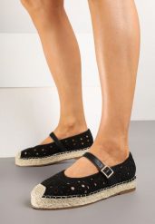 Czarne Płaskie Espadryle z Plecionką i Ażurową Cholewką Aralithra. Czarne espadryle Renee, w ażurowe wzory, eleganckie, z okrągłym noskiem, bez obcasa, na płaskiej podeszwie. W wyprzedaży za 75.99 zł.