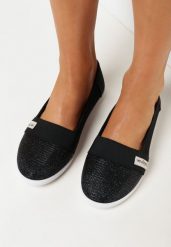 Czarne Tenisówki na Płaskiej Podeszwie z Elastyczną Cholewką z Metaliczną Nitką Kathle. Czarne trampki Born2be, bez wzorów, bez zapięcia. Za 69.99 zł.
