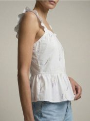 Bawełniana koszulowa bluzka z falbanami - wielobarwny. Bluzki Sinsay, l, bez wzorów, z bawełny, bez kołnierzyka, bez ramiączek. Za 39.99 zł.