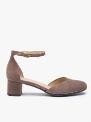 Szarobrązowe czółenka ze skóry welurowej. Szare czółenka Ryłko, bez wzorów, ze skóry, eleganckie, z okrągłym noskiem, bez obcasa, na obcasie, bez zapięcia. Za 399.99 zł.