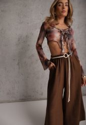 Brązowe Wiskozowe Spodnie Typu Palazzo High Waist Ozdobione Paskiem Sznurkiem Alemea. Brązowe jeansy Renee, l, bez wzorów, z jeansu, boho, z podwyższonym stanem, krótkie. Za 79.99 zł.