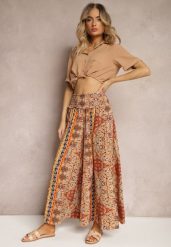 Beżowe Spodnie z Szerokimi Nogawkami Palazzo High Waist z Gumką w Talii Fiesa. Brązowe jeansy Renee, bez wzorów, z jeansu, retro, z podwyższonym stanem. W wyprzedaży za 35.99 zł.