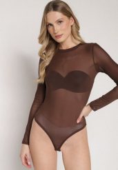 Brązowe Gładkie Body z Długimi Rękawami Teuma. Brązowe body i gorsety Born2be, bez wzorów, bez ramiączek. Za 79.99 zł.