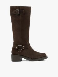 Ciemnobrązowe kozaki biker boots. Brązowe kozaki Ryłko, z aplikacjami, ze skóry, rockowe, bez obcasa, na obcasie, bez zapięcia. Za 699.99 zł.