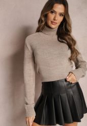 Ciemnobeżowy Luźny Golf o Klasycznym Fasonie z Prążkami na Ściągaczach Basum. Brązowe swetry Renee, m, bez wzorów, z jeansu, eleganckie, bez ramiączek. W wyprzedaży za 87.99 zł.