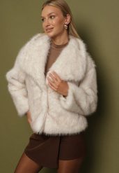 Beżowa Kurtka Futerko z Ozdobnym Kołnierzem Devrenna. Białe kurtki Born2be, na zimę, m, bez wzorów, z futra, eleganckie, bez kaptura. Za 239.99 zł.