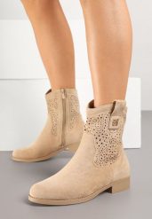 Ciemnobeżowe Botki w Stylu Kowbojek z Ażurowymi Wycięciami Efadriana. Brązowe botki Born2be, w ażurowe wzory, bez obcasa, na płaskiej podeszwie, bez zapięcia. Za 119.99 zł.