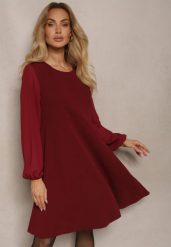 Bordowa Rozkloszowana Sukienka z Bufiastymi Rękawami z Siateczki Edanithe. Czerwone sukienki Renee, na co dzień, l, bez wzorów, eleganckie, bez kołnierzyka, bez ramiączek, mini, kopertowe. W wyprzedaży za 67.99 zł.