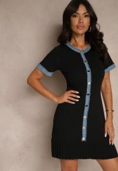 Czarna Taliowana Sukienka z Dzianiny z Wiskozą z Ozdobnymi Guzikami i Falbanką Natinese. Czarne sukienki Renee, na co dzień, m, bez wzorów, z dzianiny, eleganckie, bez kołnierzyka, bez ramiączek, mini. W wyprzedaży za 111.99 zł.