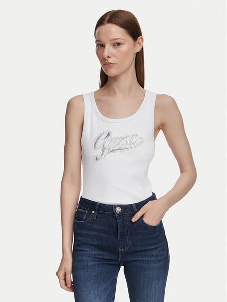 Guess Top W6YP30 K4380 Biały Slim Fit. Białe topy Guess, xl, z aplikacjami, z syntetyku, bez kołnierzyka, bez ramiączek. Za 194.99 zł.