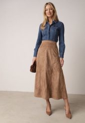 Beżowa Rozkloszowana Spódnica z Imitacji Zamszu Basara. Brązowe spódnice Born2be, do pracy, l, bez wzorów, z materiału, biznesowe, midi, koszulowe. Za 179.99 zł.