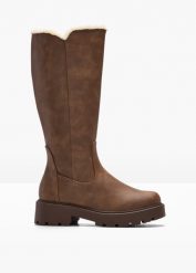 Kozaki. Brązowe kozaki bonprix, na zimę, bez wzorów, bez obcasa, bez zapięcia. Za 219.99 zł.