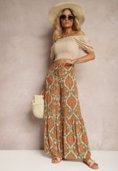 Zielono-Pomarańczowe Spodnie Szerokie z Wiskozy w Ornamentalny Wzór High Waist Cramelia. Zielone jeansy Renee, m, bez wzorów, z jeansu, z podwyższonym stanem, długie. W wyprzedaży za 43.99 zł.