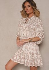 Beżowa Rozkloszowana Sukienka z Wiskozy w Etniczny Print z Wiązaniem z Frędzlami Ravpio. Brązowe sukienki Renee, na spotkanie biznesowe, l, bez wzorów, z wiskozy, eleganckie, bez kołnierzyka, bez ramiączek, mini, rozkloszowane. W wyprzedaży za 91.99 zł.
