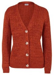 Sweter rozpinany z dzianiny o splocie dużych oczek, z bawełny z recyklingu. Brązowe swetry bonprix, bez wzorów, z bawełny, bez ramiączek. Za 107.99 zł.