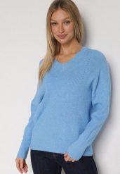 Niebieski Sweter z Domieszką Kaszmiru z Dekoltem w Serek Feralaine. Niebieskie swetry Born2be, bez wzorów, z jeansu, eleganckie, bez ramiączek. Za 104.99 zł.