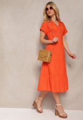 Pomarańczowa Ażurowa Sukienka z Bawełny z Krótkim Rękawem i Guzikami Obitha. Brązowe sukienki Renee, m, w ażurowe wzory, z bawełny, eleganckie, bez kołnierzyka, bez ramiączek, midi, rozkloszowane. W wyprzedaży za 159.99 zł.