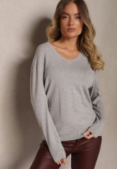 Szary Casualowy Sweter z Wiskozą Bawełną i Trójkątnym Dekoltem Miaressa. Szare swetry Renee, l, bez wzorów, z bawełny, casualowe, plus size, bez ramiączek. W wyprzedaży za 47.99 zł.