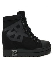 DKNY Botki Clary K3470413 Czarny. Czarne botki DKNY, bez wzorów, z materiału, bez obcasa, na koturnie, bez zapięcia. Za 779.99 zł.