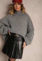 Czarna Spódnica z Imitacji Skóry o Rozkloszowanym Kroju z Ozdobnym Paskiem Helezi. Czarne spódnice Renee, na co dzień, l, bez wzorów, ze skóry, eleganckie, mini, koszulowe. W wyprzedaży za 119.99 zł.