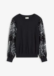 Cienki sweter z rękawami zdobionymi cekinami. Czarne swetry bonprix, z aplikacjami, bez ramiączek. Za 144.99 zł.