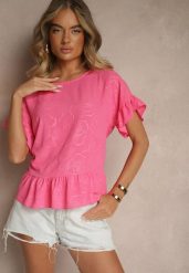Fuksjowa Bluzka Oversize Ozdobiona Falbanami Liriele. Czerwone bluzki Renee, bez wzorów, z jeansu, bez kołnierzyka, bez ramiączek. W wyprzedaży za 47.99 zł.
