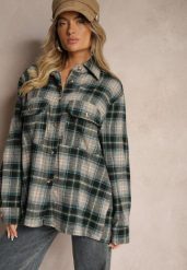 Zielona Oversize Koszula w Kratę z Kieszeniami na Klapy Kaithrea. Zielone koszule Renee, bez wzorów, bez kołnierzyka, bez ramiączek. W wyprzedaży za 83.99 zł.