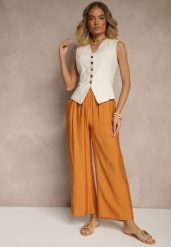 Pomarańczowe Spodnie z Wiskozy High Waist o Szerokim Kroju Divlise. Brązowe jeansy Renee, bez wzorów, z jeansu, eleganckie, z podwyższonym stanem. W wyprzedaży za 29.99 zł.