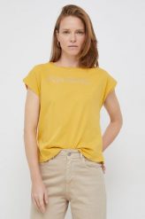 Pepe Jeans t-shirt bawełniany kolor żółty. Żółte t-shirty Pepe Jeans, l, z aplikacjami, z bawełny, bez kołnierzyka, bez ramiączek. W wyprzedaży za 129.99 zł.