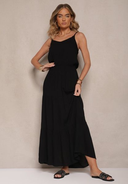 Czarna Rozkloszowana Sukienka z Wiskozy na Ramiączkach Flesira. Czarne sukienki Renee, na co dzień, l, bez wzorów, z wiskozy, eleganckie, bez kołnierzyka, bez ramiączek, maxi, dopasowane. Za 109.99 zł.