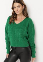 Ciemnozielony Sweter Krótki z Wycięciem na Plecach Torine. Zielone swetry Born2be, m, bez wzorów, z jeansu, eleganckie, bez ramiączek. W wyprzedaży za 101.99 zł.