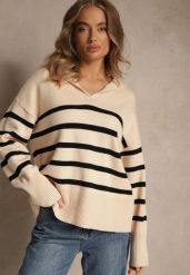 Czarno-Beżowy Sweter w Paski z Dekoltem w Serek z Kołnierzykiem Ralinavia. Czarne swetry Renee, s, bez wzorów, z jeansu, casualowe, bez ramiączek. Za 99.99 zł.