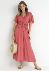 Ciemnoróżowa Sukienka Maxi z Gumką w Talii i Materiałowym Paskiem Kiriane. Czerwone sukienki Born2be, l, bez wzorów, z materiału, bez kołnierzyka, plus size, bez ramiączek, maxi. Za 109.99 zł.