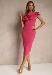Fuksjowa Koktajlowa Asymetryczna Sukienka Vices z Kwiatem 3D i Falbankami Tolelira. Czerwone sukienki Renee, na imprezę, m, bez wzorów, eleganckie, z asymetrycznym kołnierzem, bez ramiączek, asymetryczne. W wyprzedaży za 111.99 zł.