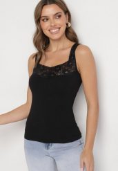 Czarny Top z Bawełny Ozdobiony Koronkową Wstawką Arithara. Czarne topy Born2be, l, bez wzorów, z bawełny, eleganckie, bez kołnierzyka, bez ramiączek. W wyprzedaży za 16.99 zł.