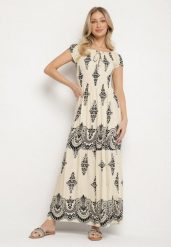 Beżowa Wiskozowa Sukienka z Marszczoną Góra i Wzorem Boho Ellifae. Brązowe sukienki Born2be, na spotkanie biznesowe, l, z aplikacjami, z wiskozy, boho, bez kołnierzyka, bez ramiączek, maxi. Za 89.99 zł.