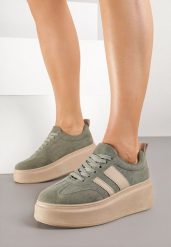 Zielone Sneakersy Kultowe Tenisówki na Platformie z Koturnem Elisara. Zielone trampki Born2be, bez wzorów, z jeansu, bez zapięcia. Za 119.99 zł.