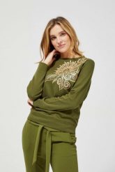 Bluza z nadrukiem. Zielone bluzy MOODO, m, bez wzorów, z bawełny, bez ramiączek, bez kaptura. W wyprzedaży za 39.99 zł.