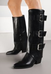 Czarne Kozaki na Słupku Kowbojki Ozdobione Metaliczną Aplikacją i Wywiniętą Cholewką Latareia. Czarne kozaki Renee, z aplikacjami, z jeansu, eleganckie, bez obcasa, na obcasie, bez zapięcia. Za 189.99 zł.