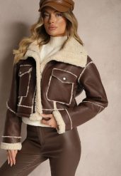 Brązowa Kurtka Typu Biker o Krótkim Kroju z Kołnierzem i Kieszeniami Naonellea. Brązowe kurtki Renee, l, bez wzorów, z jeansu, eleganckie, bez kaptura. W wyprzedaży za 185.49 zł.
