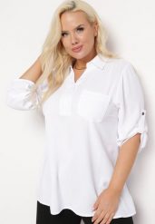 Biała Bluzka Koszulowa z Kołnierzykiem i Wsuwaną Kieszonką Tafeta. Białe bluzki Born2be, xl, bez wzorów, z jeansu, eleganckie, bez kołnierzyka, bez ramiączek. W wyprzedaży za 63.74 zł.