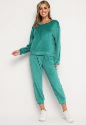 Zielony Welurowy Komplet Dresowy Bluza z Trójkątnym Dekoltem i Spodnie z Kieszeniami Onchia. Zielone bluzy Born2be, l, bez wzorów, z dresówki, eleganckie, bez ramiączek, bez kaptura. W wyprzedaży za 93.49 zł.