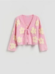 Wzorzysty kardigan - różowy. Czerwone swetry Reserved, l, bez wzorów, z dzianiny, bez ramiączek. Za 139.99 zł.