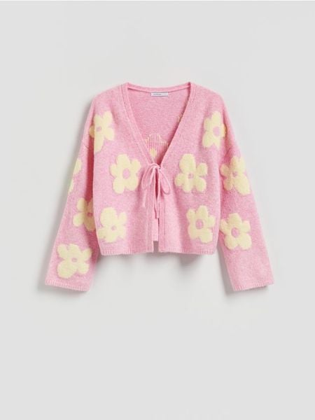 Wzorzysty kardigan - różowy. Czerwone swetry Reserved, l, bez wzorów, z dzianiny, bez ramiączek. Za 139.99 zł.
